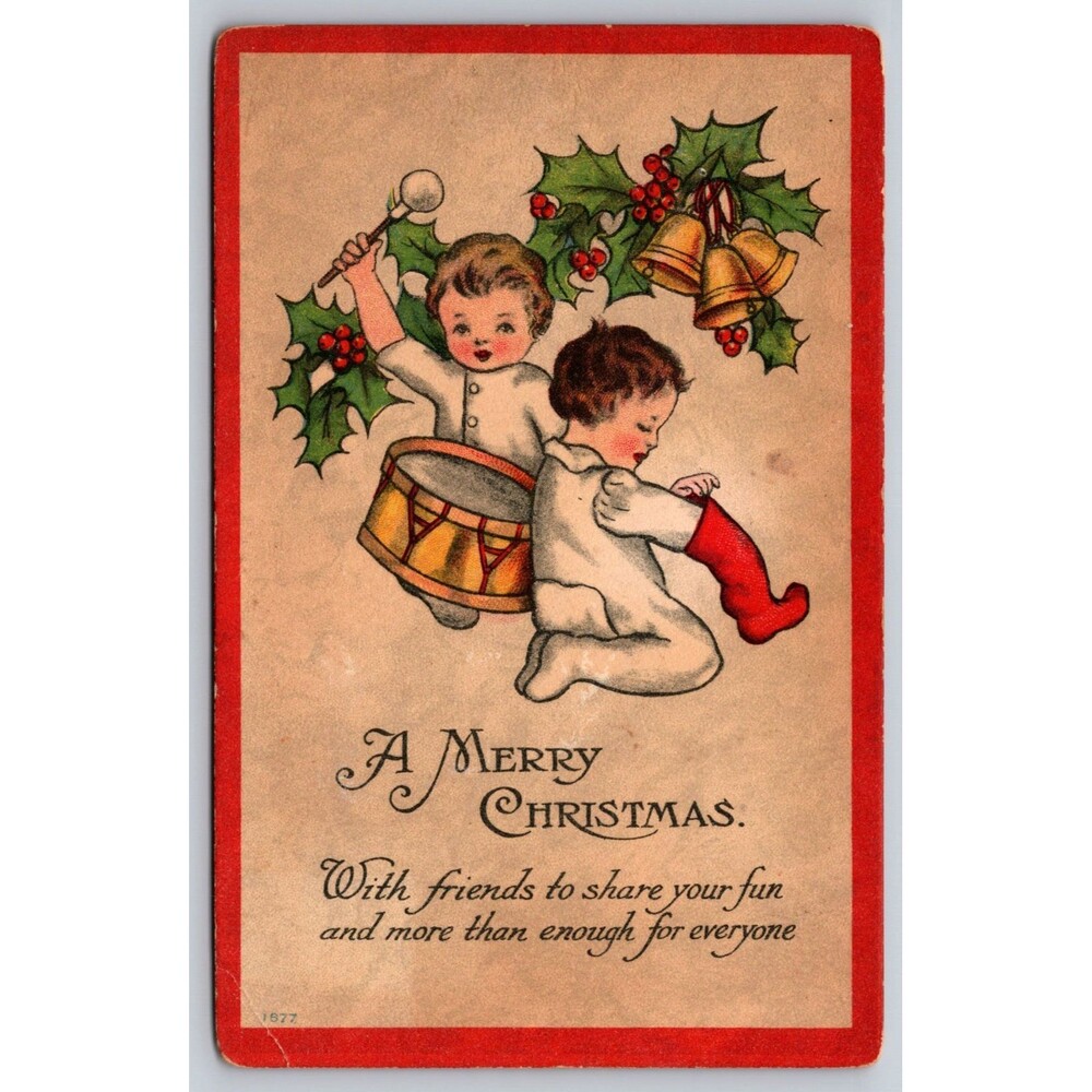 Antique Postcard Merry Christmas with Friends Stocking Drum Holly Posted 1915 MD